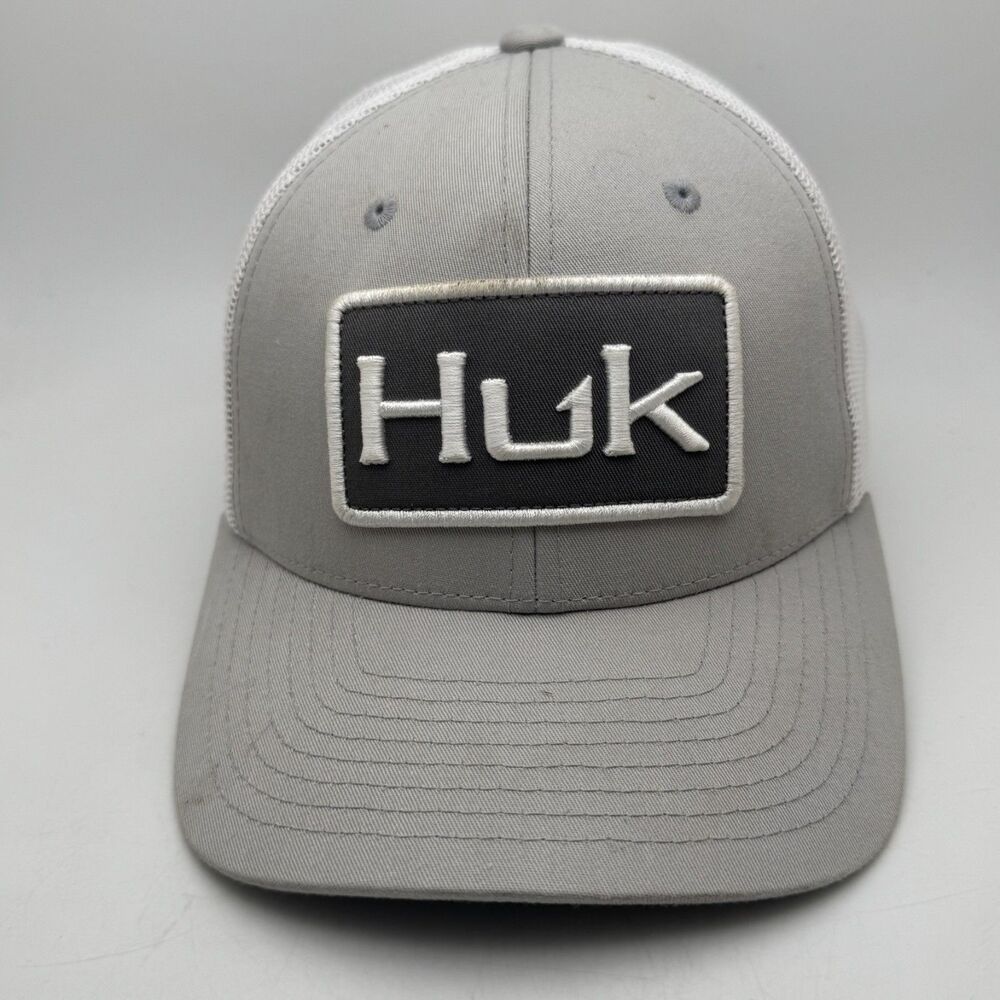Huk Fishing Trucker Hat Cap Gray White Mesh Patch Logo Snapback Performance